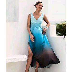WHBM Maxi Satin Ocean Blue Ombre Espresso Greecian Slip Dress Size Large